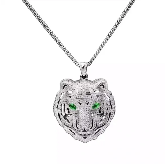 New tiger face green eyes stainless steel necklace - Picture 1 of 2